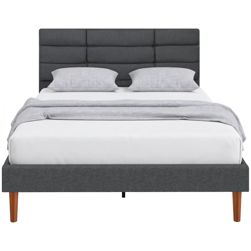 HOMCOM Cadre de Lit 140 x 200 cm avec Sommier Bois, Lit Double Rembourré en Effet Lin, Rangement au-dessous, Sans Bruit, Gris