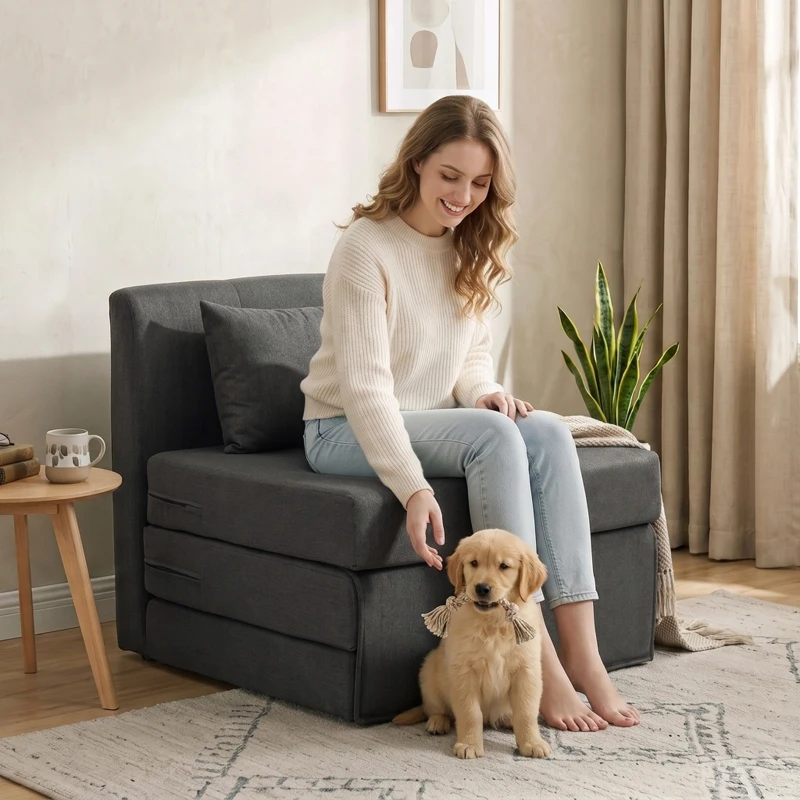 HOMCOM 2-in-1 Schlafsessel Klappbares Sofa-Bett mit Leinenstruktur, Gepolstertes Gästebett Klappstuhl, Dunkelgrau