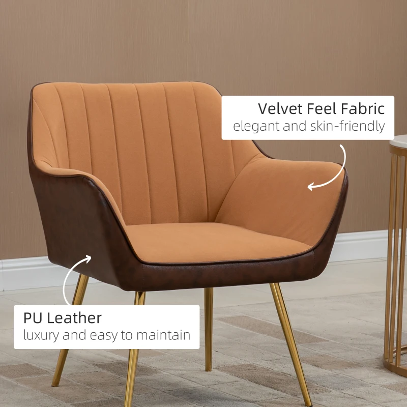HOMCOM Velvet Armchair, Upholstered Accent Chair with Golden Steel Legs, Modern Vanity Chair for Living Room and Bedroom, Light Brown