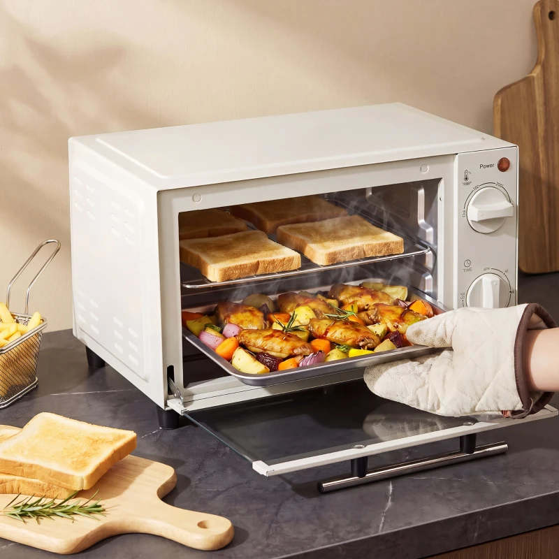 HOMCOM Minibackofen, 9 L Mini-Ofen mit Backblech, Grillrost, mit einstellbarer Temperatur und Garzeit, Edelstahl, Cremeweiß(m-10)