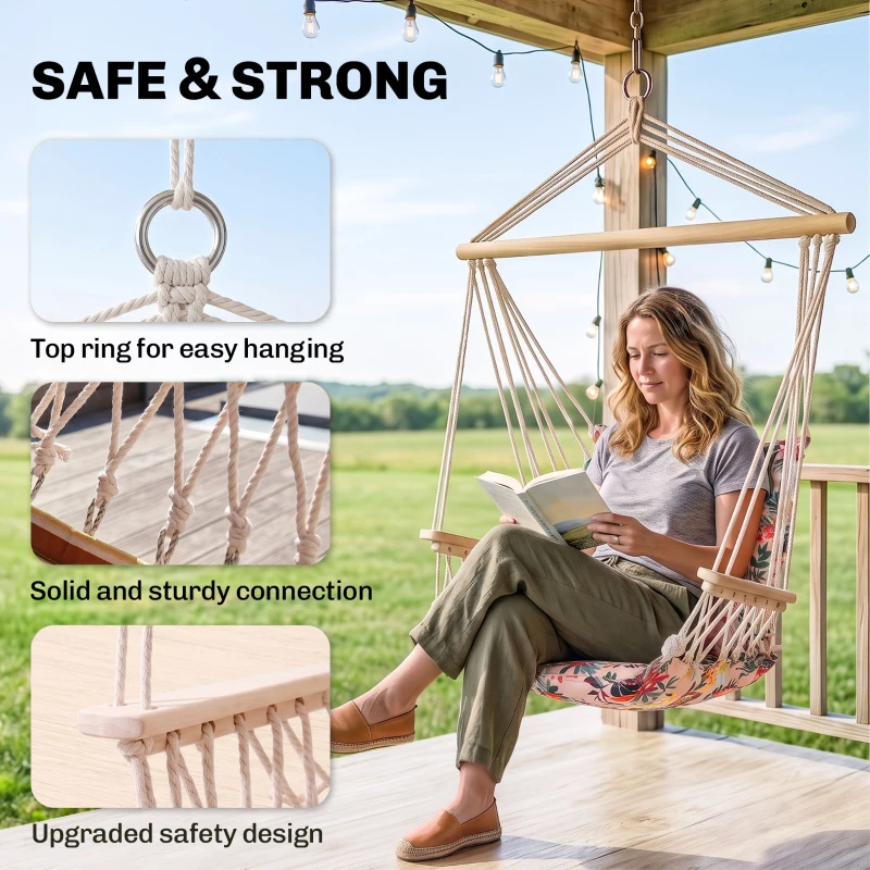 Outsunny Garden Outdoor Hanging Hammock Chair Thick Rope Frame Wooden Arms Safe Garden Outdoor Spot Stylish Multicoloured floral