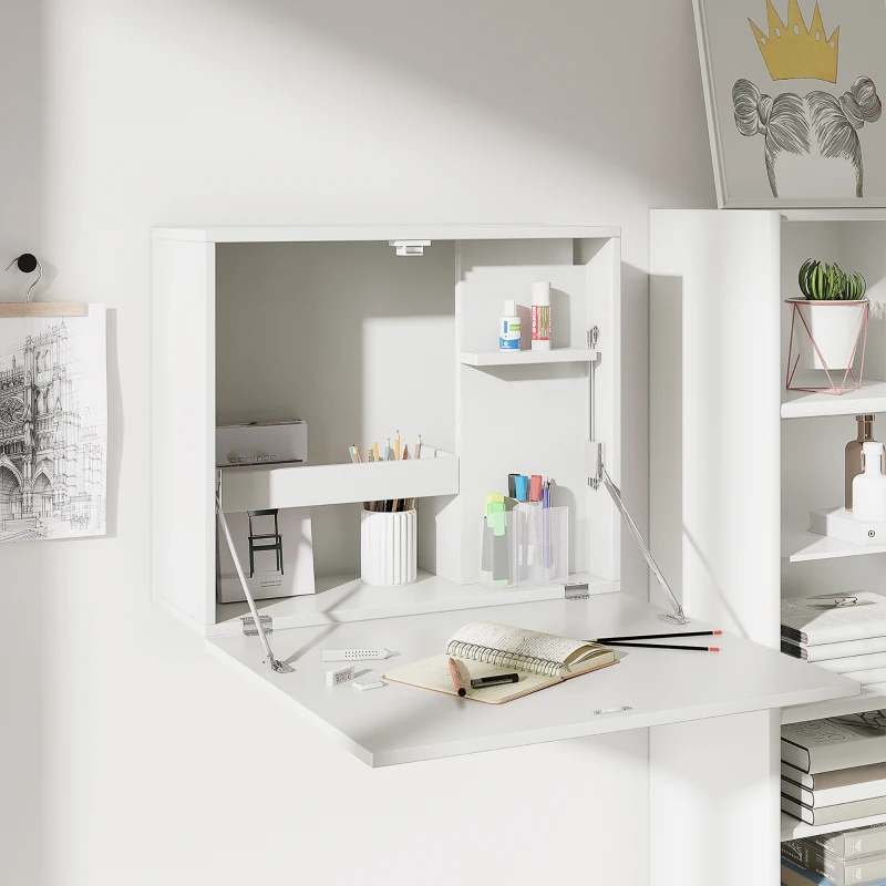 HOMCOM Scrivania a Muro Pieghevole e Salvaspazio con Ripiani, per Casa e Ufficio, in Truciolato e MDF, 60x21.5x50 cm, Bianco