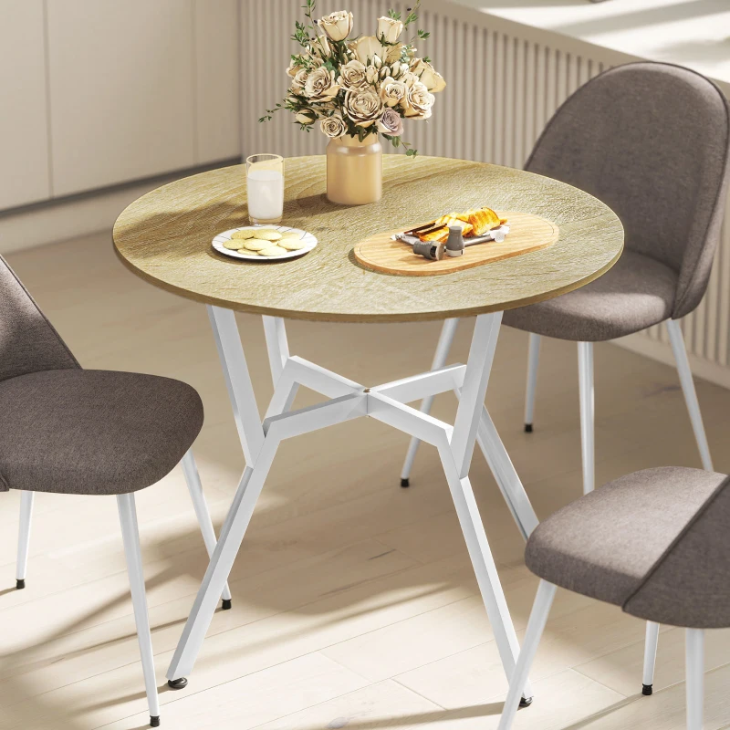 HOMCOM Mesa de Refeição Redonda Mesa de Jantar Estilo Industrial com Bancada de Madeira e Estrutura de Aço Ø90x76 cm Madeira e Branco