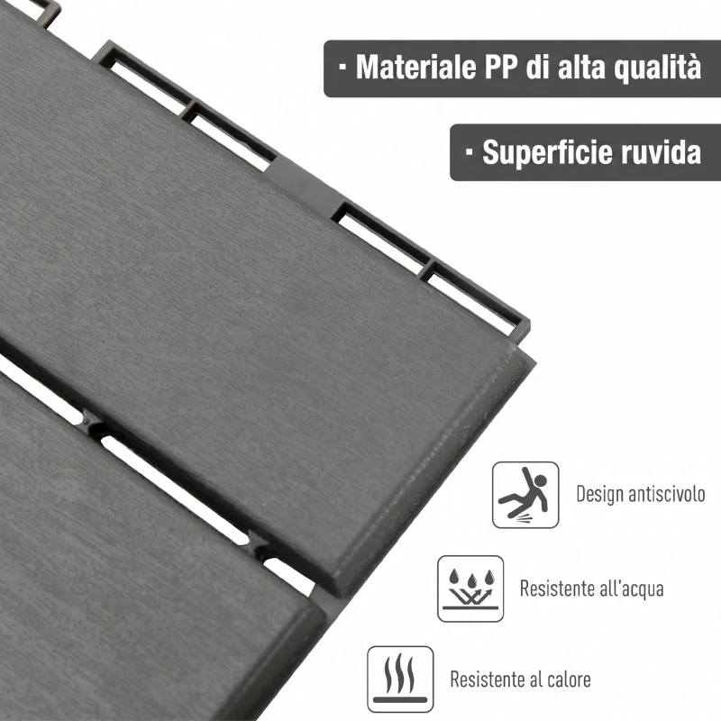 Outsunny Set 9 Mattonelle a Incastro per Terrazzo, Piastrelle per Pavimenti, Piastrelle per Esterno in PP Antiscivolo, Area: 0.81 mq, 30x30x2cm, Grigio Scuro