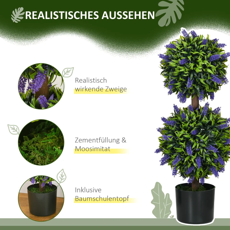 HOMCOM Kunstlavendelbomen, Set van 2, met Cementen Bloempot, Ø15x70 cm, Groen