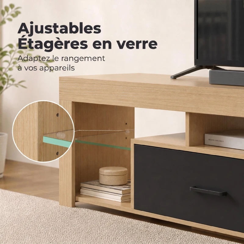 HOMCOM Meuble TV 140 cm, Meuble Télé pour 65 Pouces avec Étagères en Verre Réglables, Tiroir et Compartiments Ouverts, Chêne