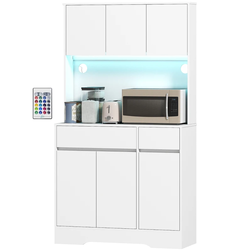 HOMCOM Armário de Cozinha com Luz LED RGB, Bancada para Micro-ondas, 6 Portas, 2 Gavetas, Prateleiras Ajustáveis e Comando à Distância, Branco