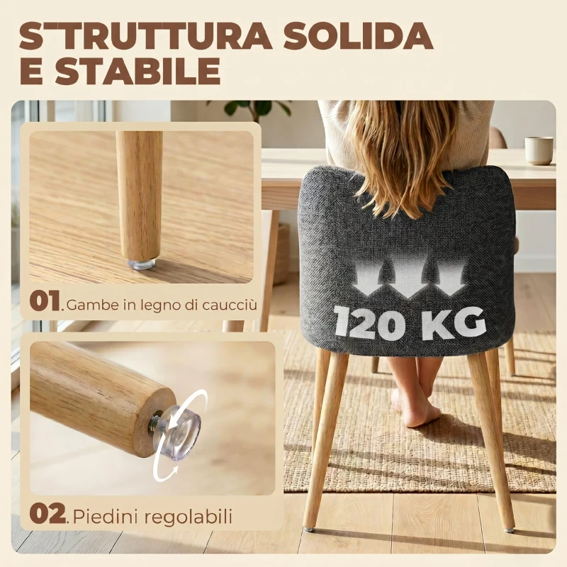 HOMCOM Set di 2 Sedie Pranzo Imbottite con Gambe Legno Hevea, Tessuto Grigio Chiaro
