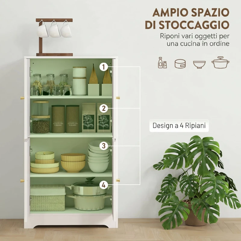 HOMCOM Credenza Cucina in Legno con 2 Armadietti, 4 Ante, 2 Ripiani Regolabili, per Sala da Pranzo, Soggiorno, Bianco