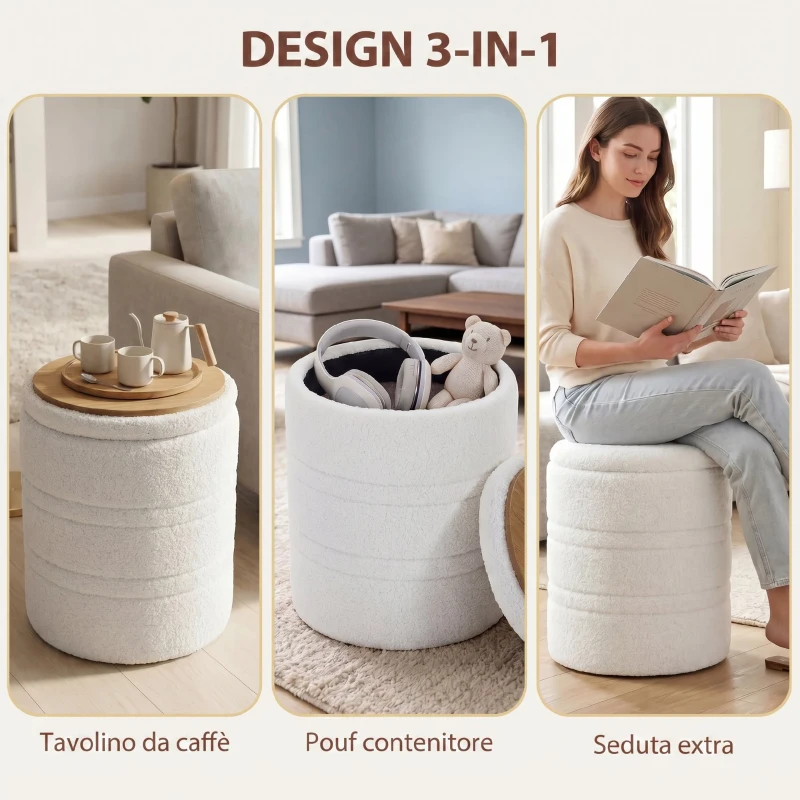 HOMCOM Pouf Contenitore Rotondo 33L in Tessuto Sherpa con Coperchio, Capacità 120kg, Soggiorno, Ingresso, Bianco