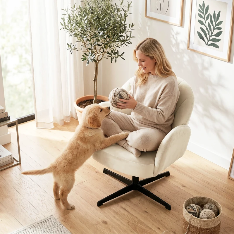 HOMCOM Fauteuil salon pivotant fauteuil d'appoint rembourré en velours dossier en forme de coquille coussin à ressorts beige