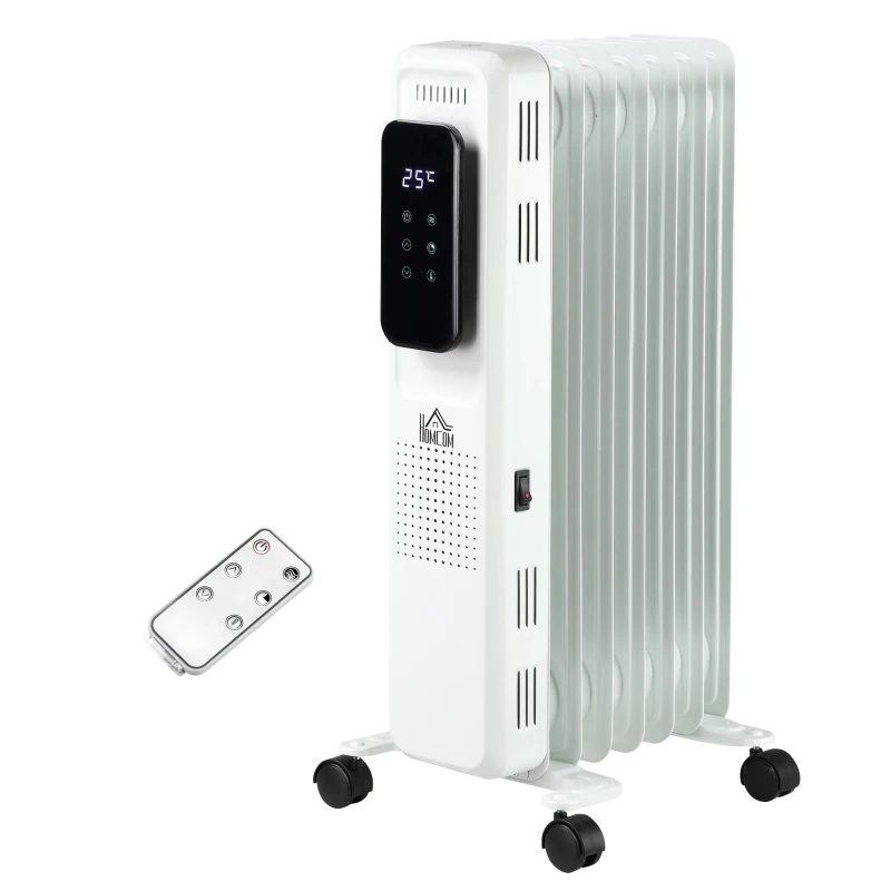 HOMCOM 1500W Oil Filled Radiator, 7 Fin Portable Electric Heater with LED Display, 24H Timer, 3 Heat Settings, Adjustable Thermostat, Safety Cut off, Remote Control, White