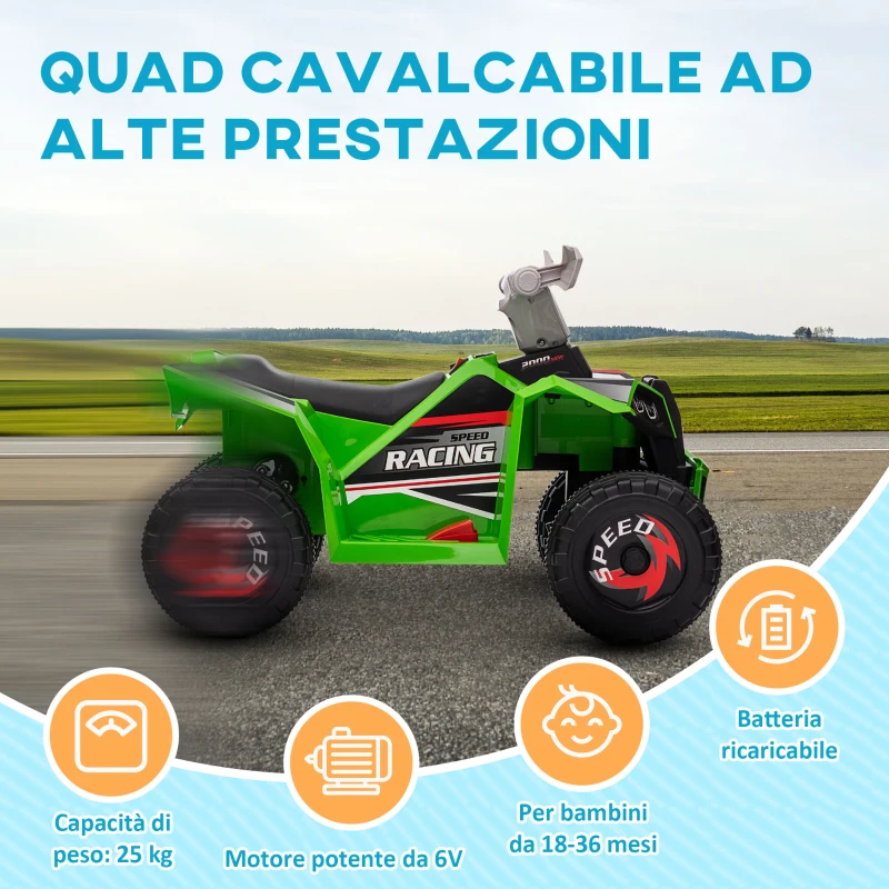 HOMCOM Quad per Bambini 18-36 Mesi in PP e Metallo, Velocità max 2.5 km/h, 70x41.5x48.5 cm, Verde Grigio e Nero