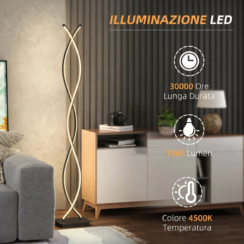 HOMCOM Lampada da Terra LED a Doppia Spirale, Lampada da Salotto con Luminosità Regolabile, Interruttore a Pedale, Nero