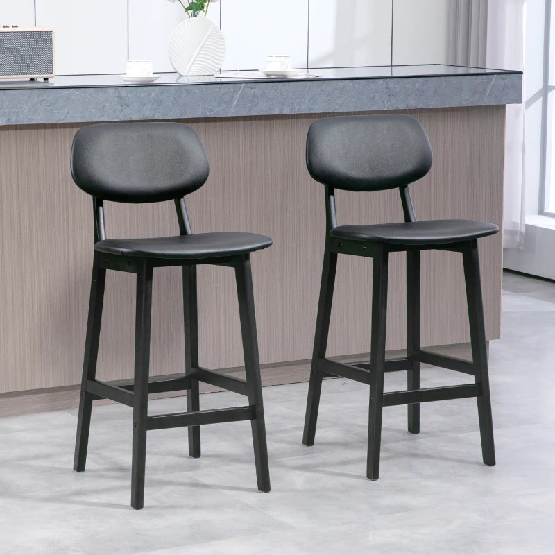 HOMCOM Set of Two Wooden Classic Bar Stools, with Faux Leather Seats - Black