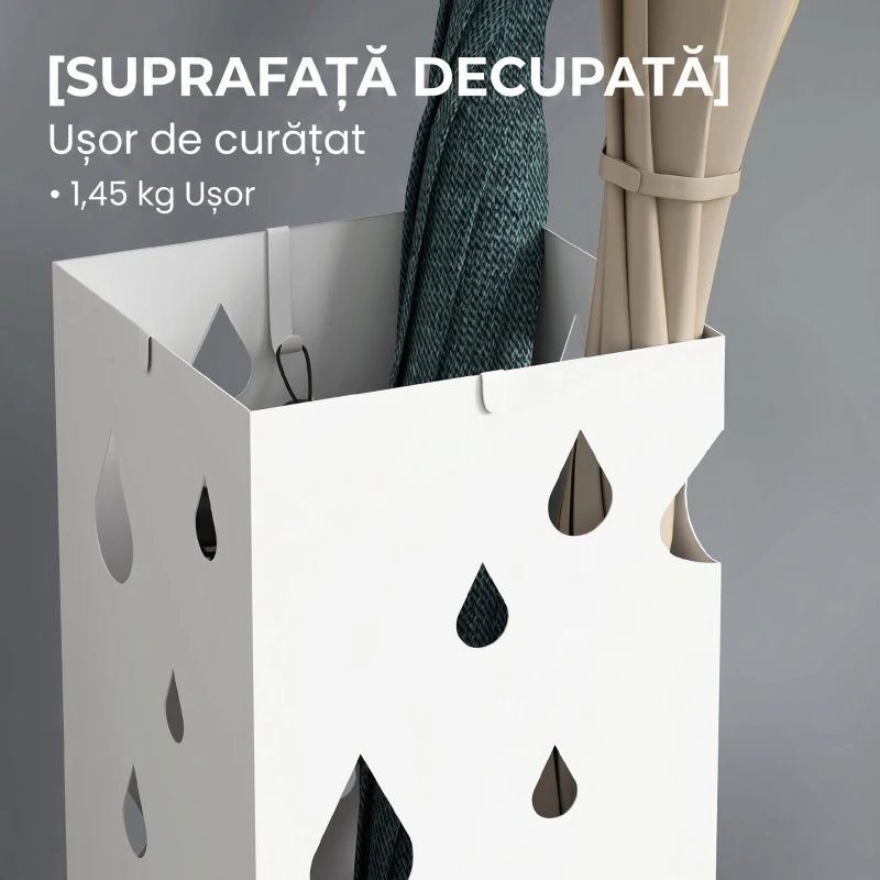 HOMCOM Suport pentru umbrele din metal cu 4 cârlige și tavă pentru scurgere, 15.5x15.5x41cm, alb