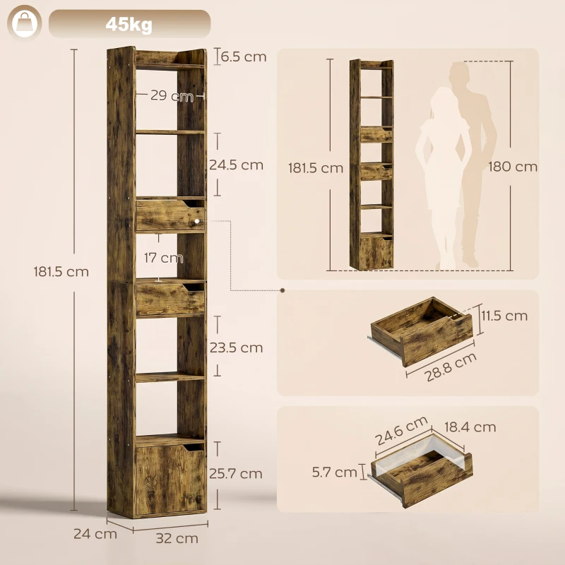HOMCOM Bookcase Tall Narrow with 5 Tiers and Drawers Freestanding Bookshelf Storage Cabinet for Living Room Rustic Brown