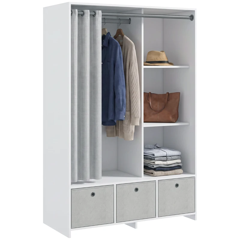HOMCOM Armoire penderie armoire de rangement avec tringle rideaux 3 tiroirs en tissu amovibles 105 x 48 x 160 cm blanc