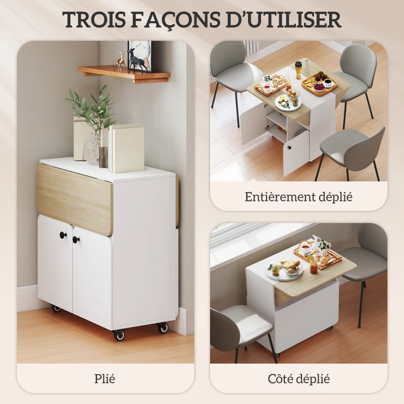 HOMCOM Table à manger pliante sur roulettes, table de cuisine 4 personnes, 2 abattants, étagère, placard, 70x83x75cm, blanc