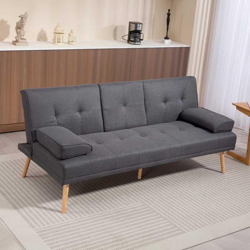 HOMCOM Canapé convertible 3 places, canapé-lit rembourré avec dossier réglable 3 niveaux, 2 coussins et 2 porte-gobelets intégrés, tissu de lin, pour salon, chambre d'amis, petit espace, gris foncé