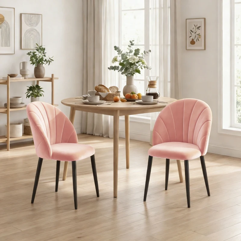 HOMCOM Set 2 Sedie da Pranzo Imbottite con Schienale a Conchiglia in Velluto, 52x55x79 cm, Rosa
