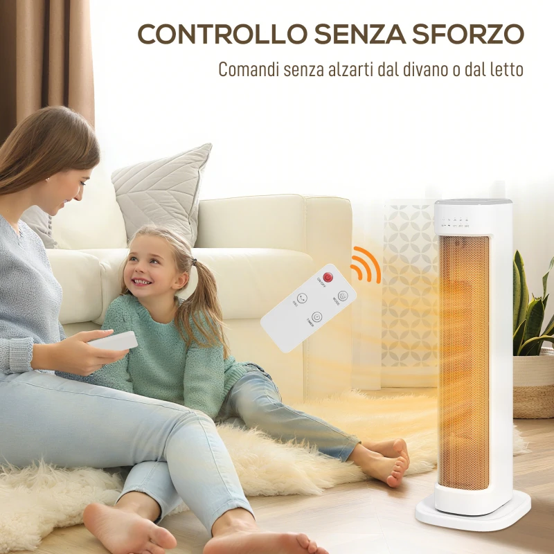 HOMCOM Termoventilatore Ceramico 2000W con 3 Temperature Regolabili, Timer 15H, Telecomando, Bianco