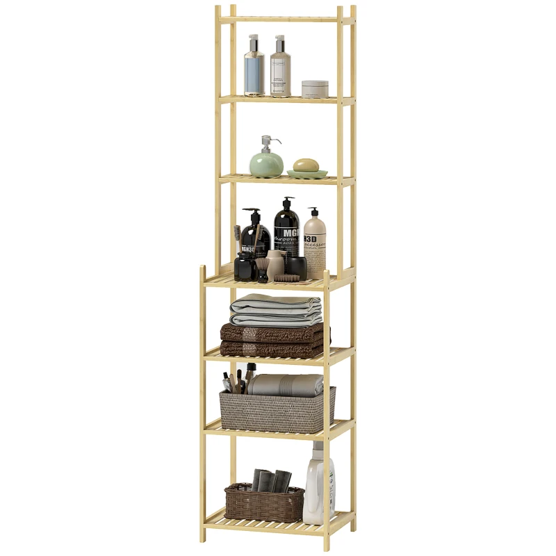 HOMCOM Mobile Scaffale Bagno a 7 Ripiani Portaoggetti in Bambù, 44x33x180 cm, Color Legno
