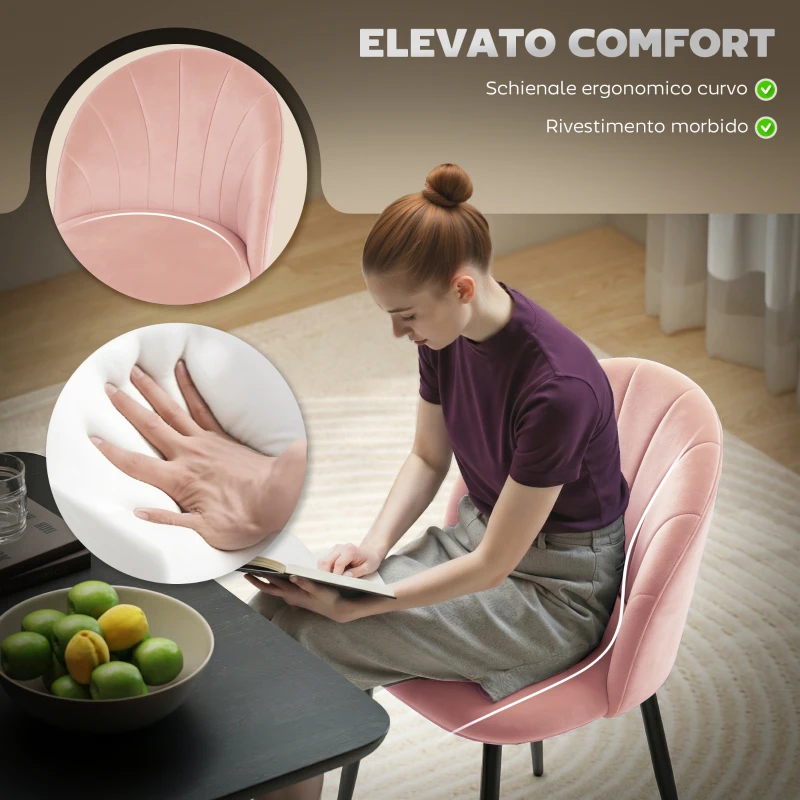 HOMCOM Set 2 Sedie da Pranzo Imbottite con Schienale a Conchiglia in Velluto, 52x55x79 cm, Rosa