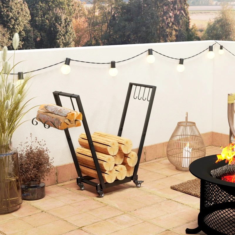 Outsunny Suporte para Lenha Metálico Lenheiro de Exterior com Rodas e Gancho para Interior e Exterior Carga 50 kg 79x30x81 cm Preto