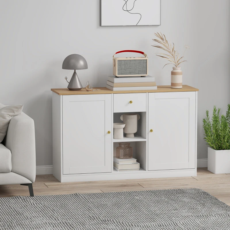 HOMCOM Küchenkommode, Sideboard mit Schublade, Schränken, Regalen, Spanplatte, Weiß(m-10)
