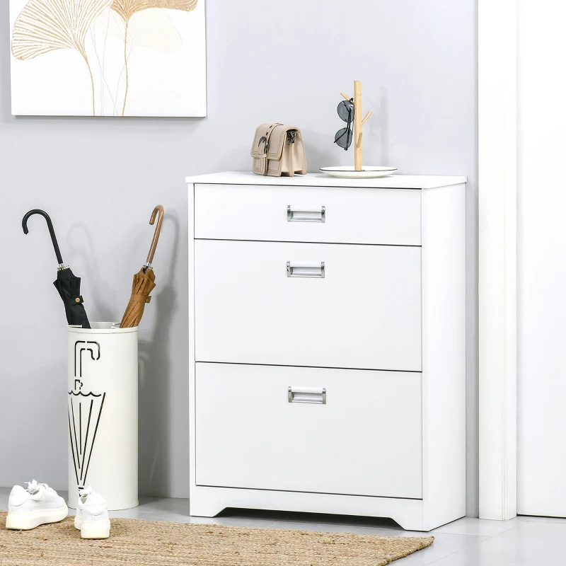 HOMCOM Meuble à chaussures avec 2 tiroirs rabattables étagère réglable + 1 tiroir  jusqu'à 16 paires 70L x 29l x 92H Blanc