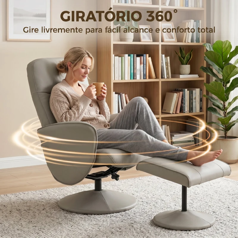 HOMCOM Cadeira Relax Reclinável com Otomana Encosto Alto Giratória 360° Apoios de Braços Bege Cinzento