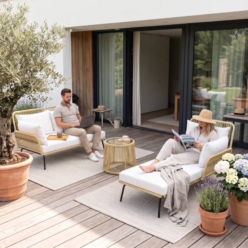 Outsunny Loungeset l-vormige rattan bank set tuin rattan bank tuin zwembad Koffie en Crème