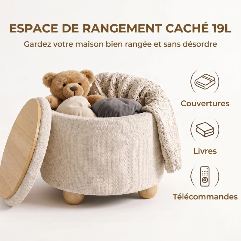 HOMCOM Pouf Coffre de Rangement Rond en Toile de Jute, Repose-pieds avec Couvercle, Pieds Bois Hévéa, Beige