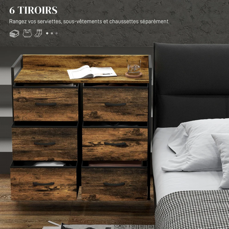 HOMCOM Commode, meuble de rangement pour chambre 6 tiroirs tissu non tissé cadre en acier, 79 x 29 x 85 cm, effet bois d'acajou