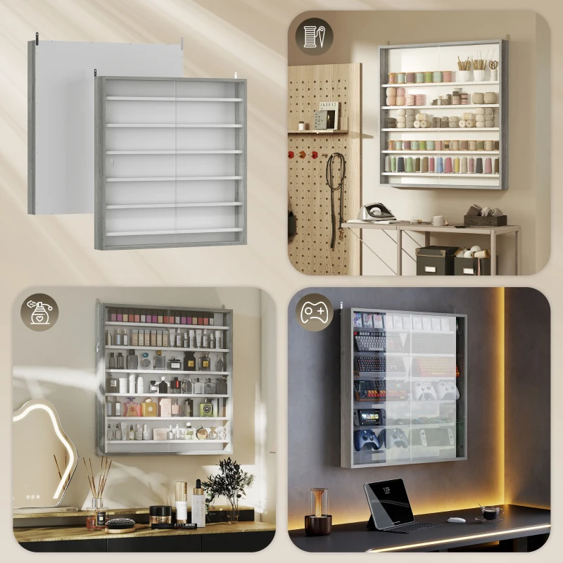 HOMCOM Bacheca Portaoggetti a 5 Ripiani Regolabili in Legno con Ante in Vetro, 80x9.5x83 cm, Bianco e Grigio