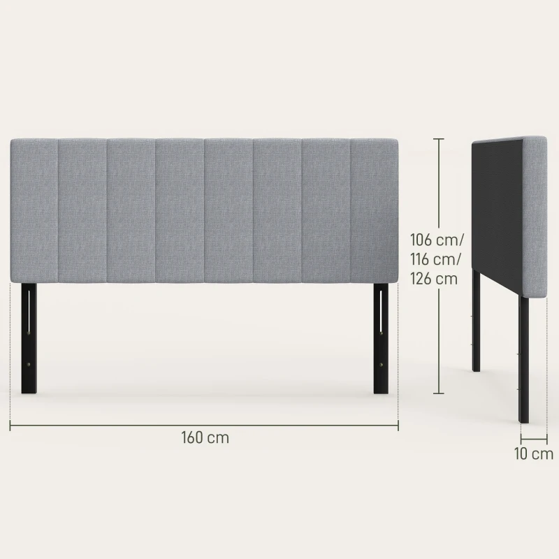 HOMCOM Kopfteil 3-fach höhenverstellbar Bettkopfteil mit Metallbeinen Leinenoptik für Schlafzimmer 160x10x106/116/126 cm Grau