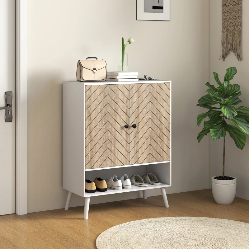 HOMCOM Sapateira com Desenho em Espiga Prateleiras Ajustáveis Compartimento Aberto para 15 Pares de Sapatos 75x35x97 cm Branco e Madeira