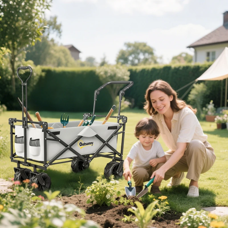 Outsunny 180L Festival Trolley on Wheels, Push & Pull Beach Cart with Removable Canopy, Wide All-Terrain Wheels, Folding Camping Trolley Cart, Adjustable Handle for Garden Fishing Shopping, Grey