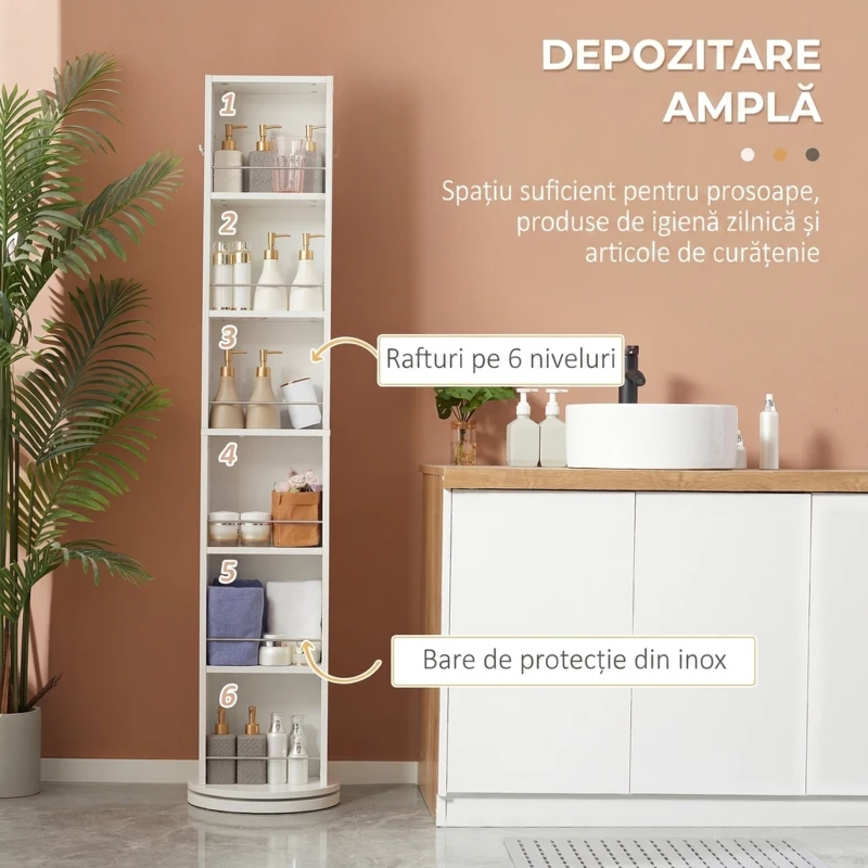 kleankin Mobilier coloană de baie pivotant cu oglindă 6 rafturi 36 x 36 x 171 cm alb