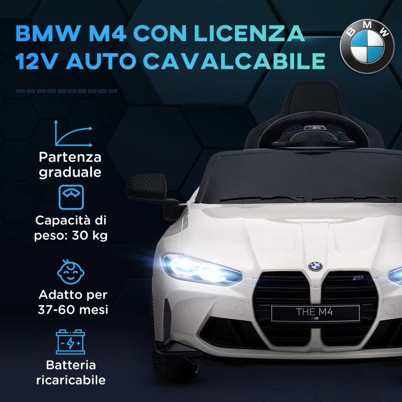 AIYAPLAY Macchina Elettrica per Bambini a Licenza BMW M4 con Telecomando, Clacson e Fari, Auto Elettrica in PP e Metallo, 108x69.5x51 cm, Bianca
