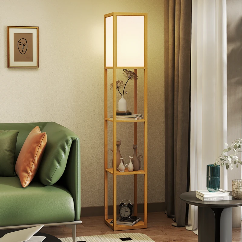 HOMCOM Candeeiro de Pé de Madeira com 3 Prateleiras para Lâmpada E27 Potência Máx. 40W 26x26x160 cm Madeira e Branco