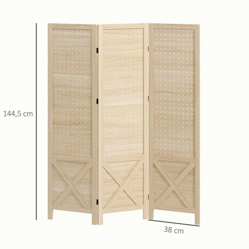 HOMCOM Paravent intérieur en bois 3 panneaux séparateur de pièce pliable panneau perforé 114 x 1,7 x 144,5 cm bois naturel