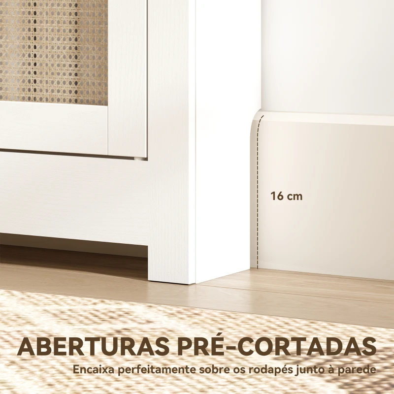 HOMCOM Cobertura para Radiador com Portas Rebatíveis e Vime Proteção Radiador de MDF 111x19x95,5 cm com Compartimento Desenho Boémio Branco
