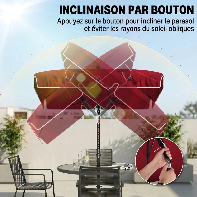 Outsunny Parasol de jardin Parasol droit rectangulaire inclinable alu métal polyester haute densité 2 x 1,3 m rouge