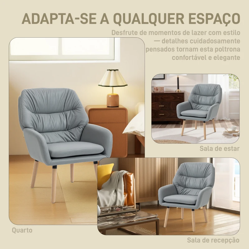 HOMCOM Poltrona de Sala de Estar Moderna Acolchoada de Dupla Camada Estofada em Couro Sintético Pés de Madeira 68x74x89 cm Cinza