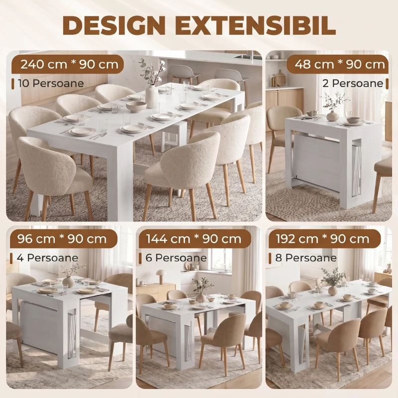 HOMCOM Masă Extensibilă Convertibilă în Consolă pentru 10 Persoane, PAL, Oțel, 240 x 90 x 78 cm, Alb