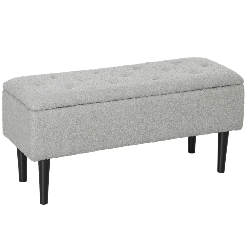 HOMCOM Banc de rangement coffre de rangement revêtement bouclette, pieds en bois de caoutchouc 95 x 38 x 45 cm gris