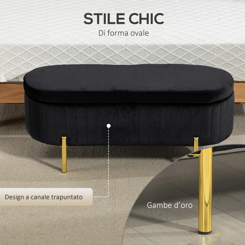 HOMCOM Panca Contenitore Ingresso Ovale 72L con Coperchio Sollevabile, Seduta Imbottita, in Velluto, Nero