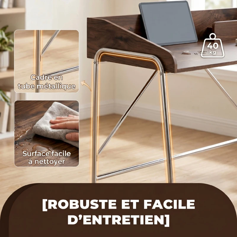 HOMCOM Bureau, bureau d'ordinateur 109 cm avec rebord de sécurité et structure en métal, noyer